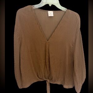 By Together boutique ribbed flowy boho batwing tie textured blouse top S brown